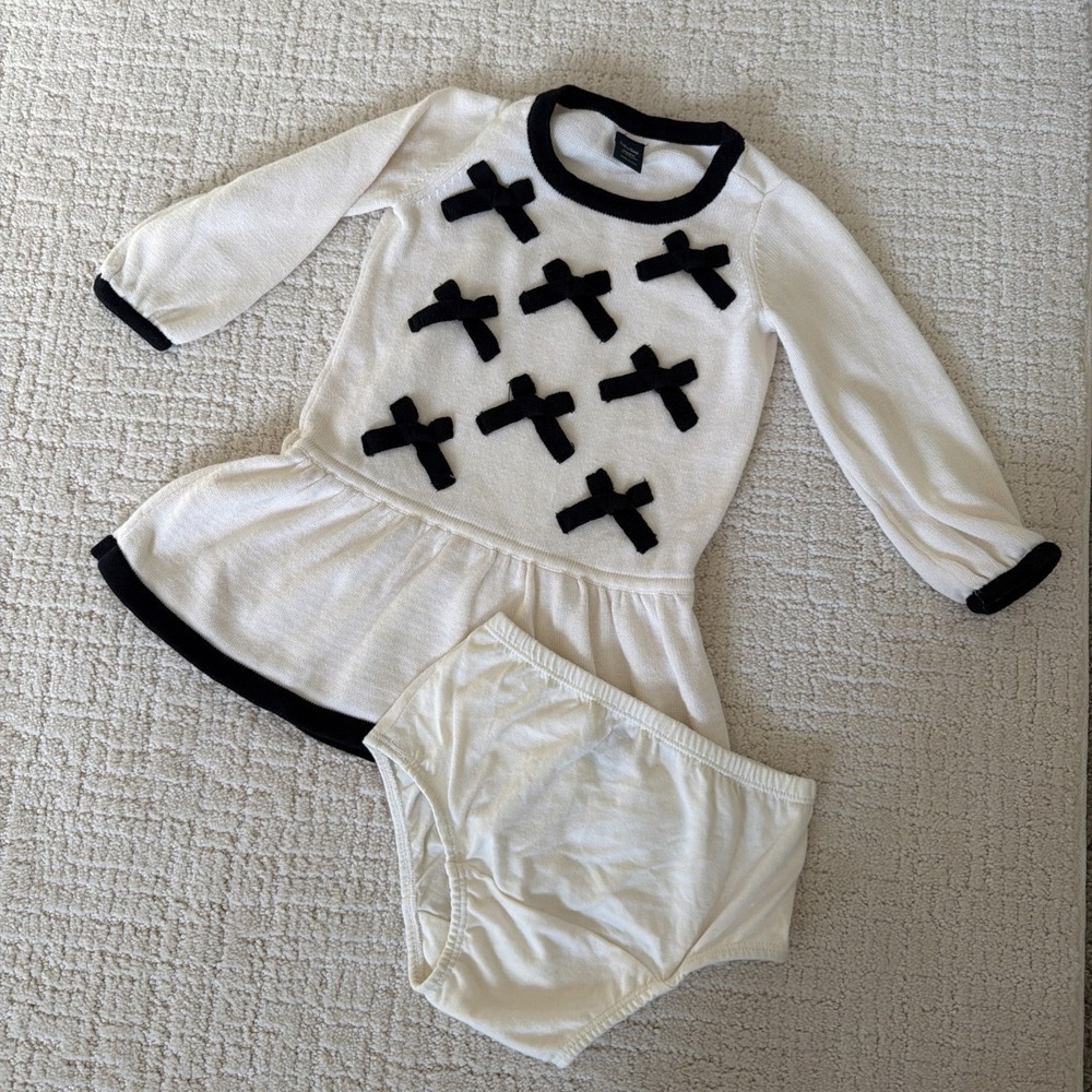 Baby Gap Girls Cream Sweater Dress With Black Bows And Panties‎ Size 12-18m